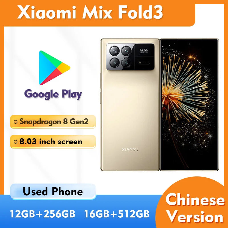 Xiaomi Mix Fold 3 5G 256GB 512GB ROM 8.03 inch Pol-less Plus 2160x1916px 50MP 4800mAh 67W Used Phone