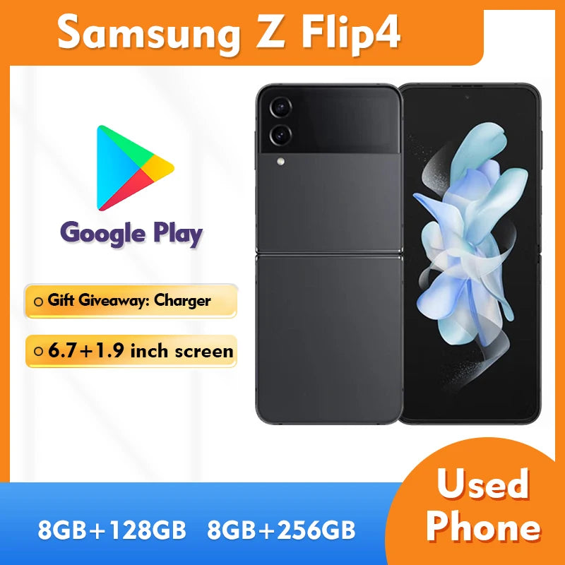 Unlocked Original Samsung Galaxy Zflip4 5G Mobile Phone 6.7 Inch HD Display 12MP Camera 8GB RAM 256GB ROM Used Smartphone