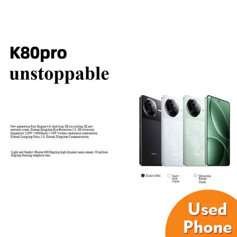 Redmi K80 Pro 5g RAM 12GB/16GB ROM 256GB/512GB 120HZ 120W used phone