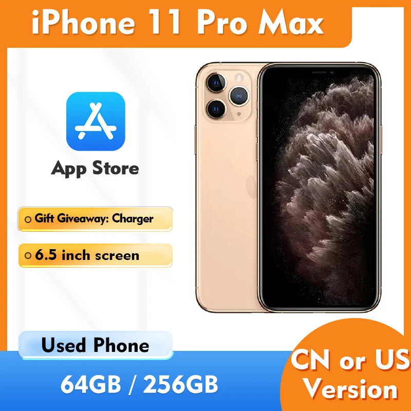 Unlocked Original Apple iPhone 11Pro Max 4G Mobile Phone 6.5 Inch HD Display 12MP Camera 256GB ROM Used Smartphone