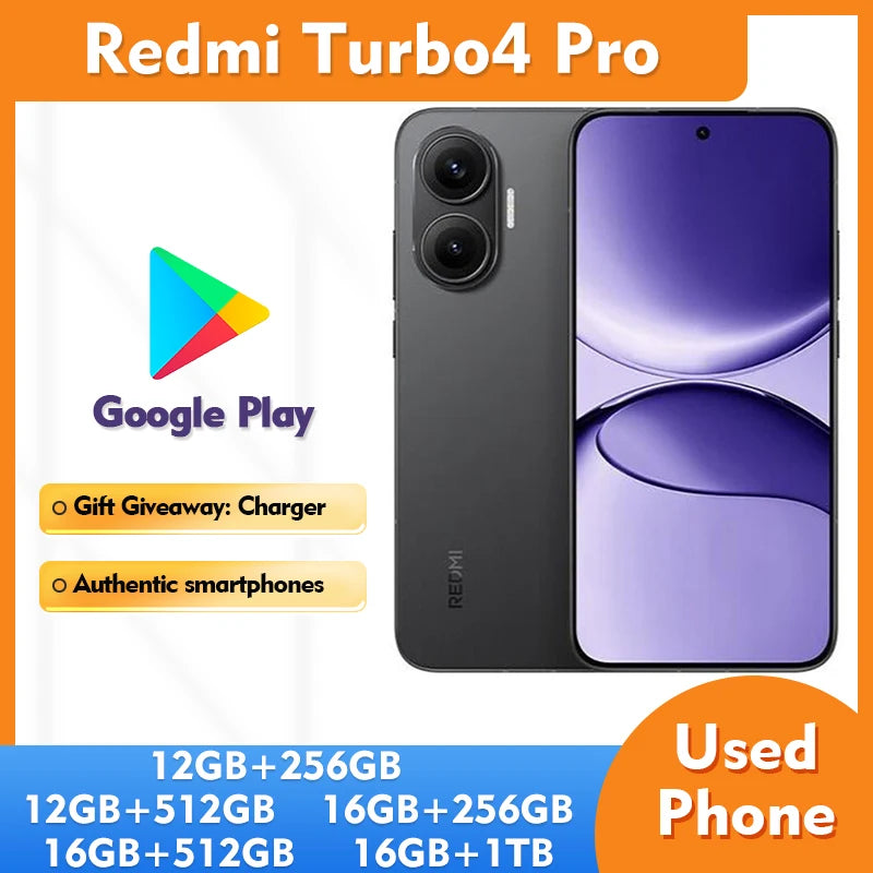 Used Redmi Turbo4 Pro 5G Android Phone 16GB+512GB 6.83" Large Screen 7550mAh Battery Unlocked Smartphone