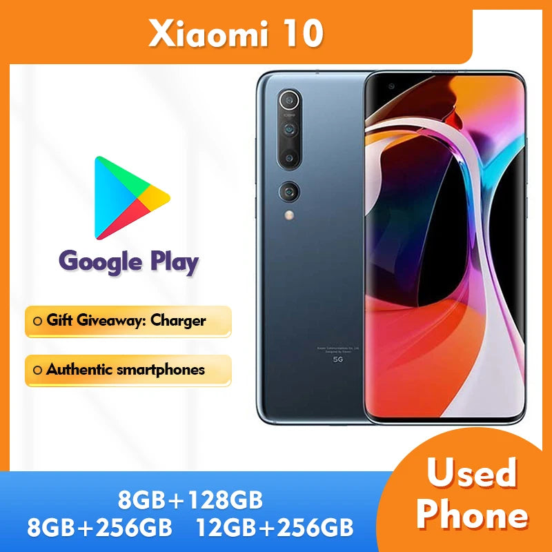 Unlocked Original Xiaomi 10 5G Mobile Phone 6.67 Inch HD Display 108MP Camera 12GB RAM 256GB ROM Used Smartphone