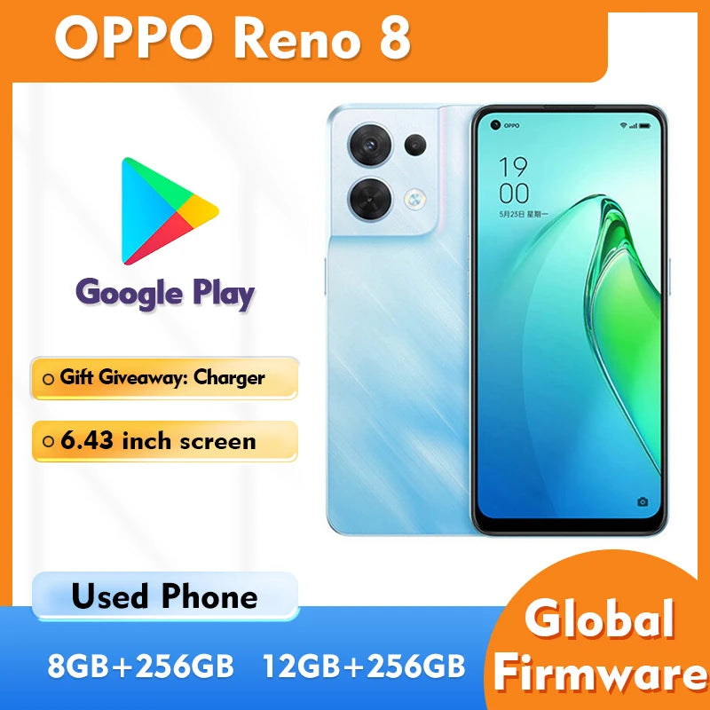 OPPO Reno 8 5G Android Smartphone 12GB RAM 256GB ROM Screen 6.43 inches 4500Mah used phone