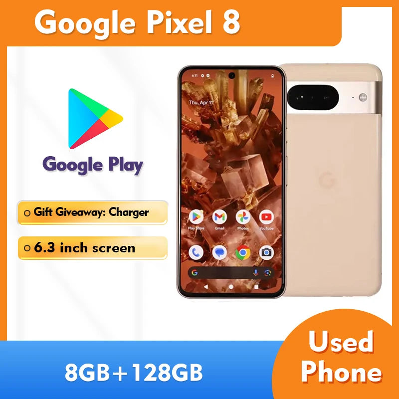 Google Pixel 8 5G 128GB ROM 8GB RAM Android 6.2inch 2400x1080px 50MP camera NFC 4575mAh battery Used Phone