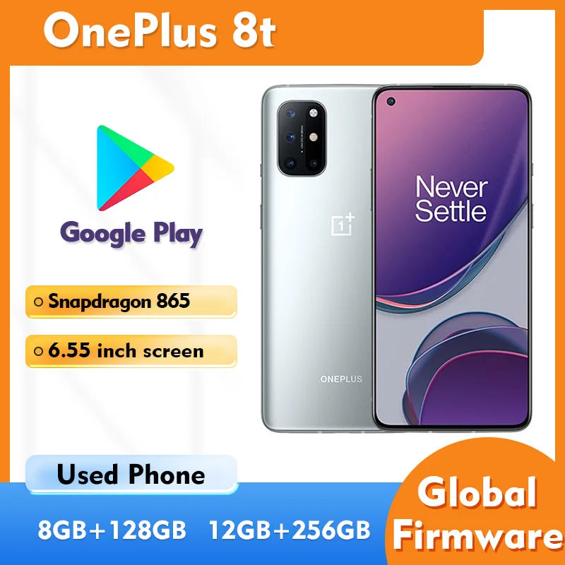 Oneplus 8T 5G SmartPhone RAM 8GB 12GB ROM 128GB 256GB 6.55inches 4500mAh Hydrogen OS used phone